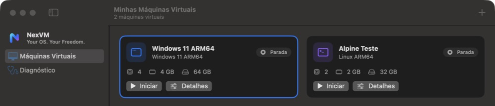 Janela principal do NexVM listando duas máquinas virtuais: Windows 11 ARM64 e Alpine Linux ARM64.